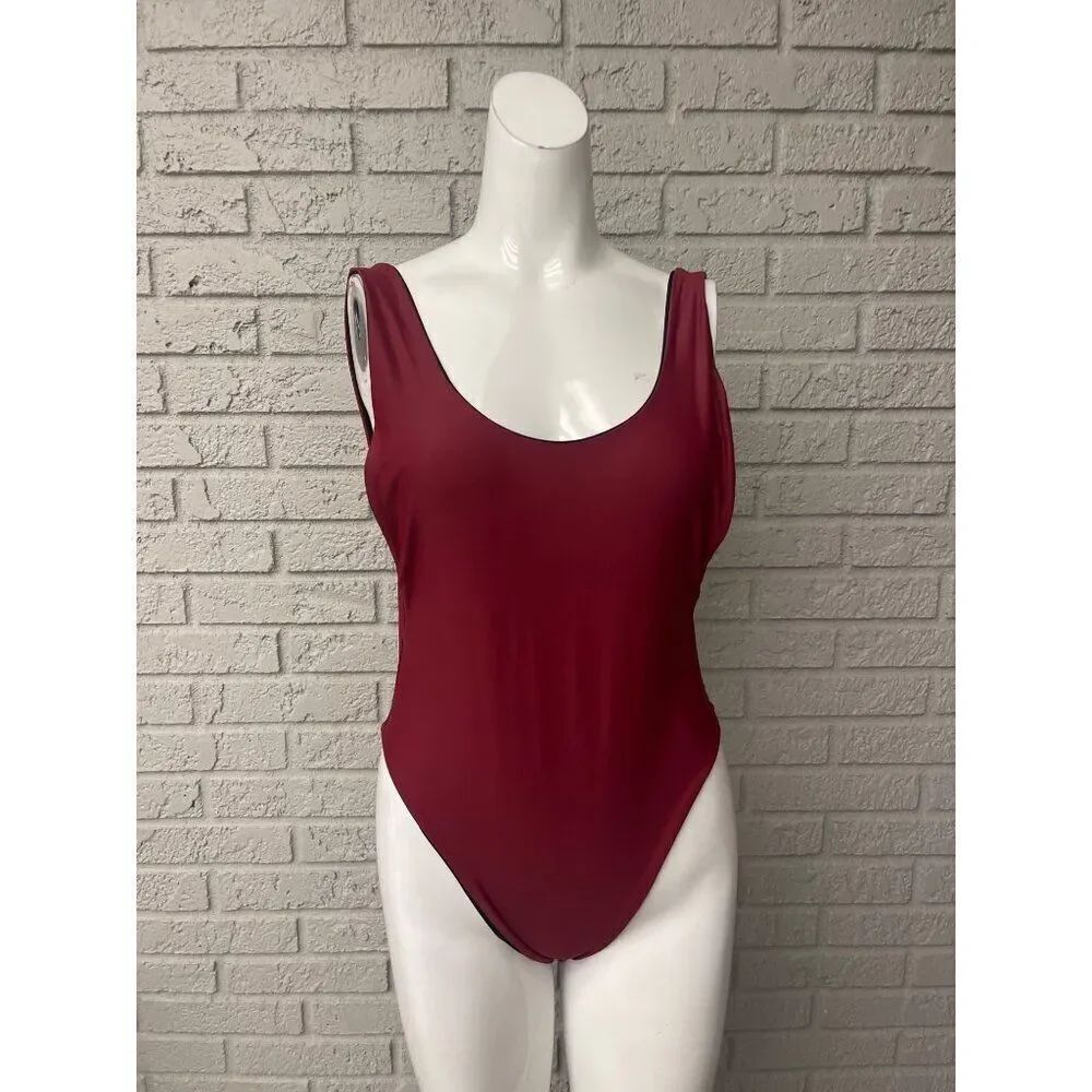 Unbranded Burgandy / Black Reversible Swimsuit / Bodysuit With Low Cut on Back S